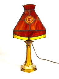 1970s Leaded Glass Table Lamp With Amber Glass Base