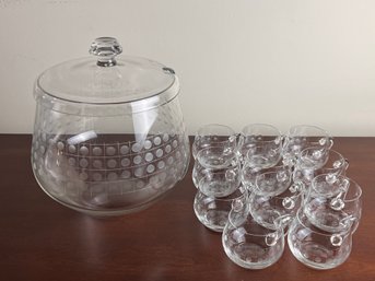 Vintage Polka Dotted Punch Bowl With Cups - As Is