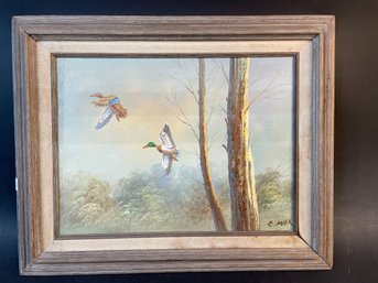 Vintage Signed Framed Duck Painting On Canvas