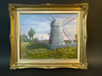 Vintage Signed Painting Of Windmill Framed On Canvas