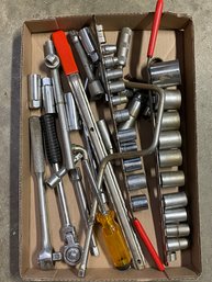 Tray Lot Of Assorted Sockets And Socket Wrenches