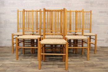 Set Of 8 Mid Century Rush Seated Dining Chairs