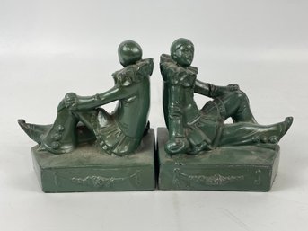 Pair Antique Pierrot Clown Bookends, Cast Metal