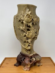 Large Asian Carved Soapstone Vase W/ Flower Detail.