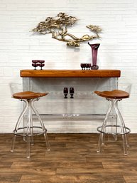 1970s Lucite And Wood Bar With Saddle Seat Stools By Hill Mfg