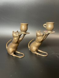 Pair Of Kitsch Brass Cat Candle Sticks