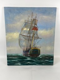 Painting On Canvas Of A Sailing Ship Signed