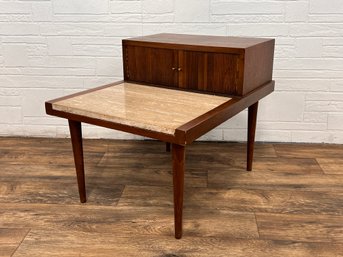 1960s Walnut And Travertine Step Side Table