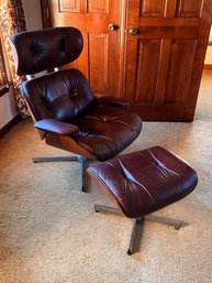 Mid-Century Modern Plycraft Style Lounge Chair And Ottoman With Red Leather