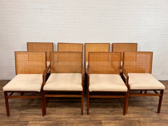 Set Of Eight Caned Back Dining Chairs With Tweed Upholstery