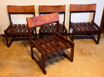 Vintage Home Made Wooden Chairs With Leather Backs - Will Need Cushions