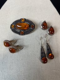 Vintage Sterling Silver & 'Amber' Signed Brooch And 3 Pair Of Earrings Lot