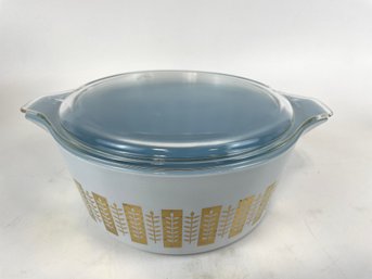 Vintage Pyrex Promotional Gold Leaf Blue Delphite Casserole In Very Good Condition