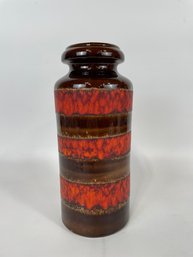 Vintage Glazed Pottery Vase In Brown With Orange Lava Accents Made In West Germany