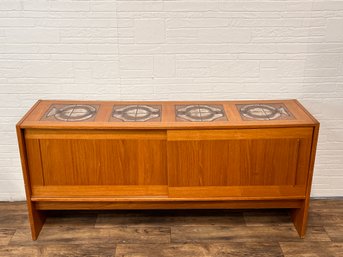 Danish Teak Sliding Door Sideboard By Mobler With Ceramic Tiles Designed By Hermann Poulsen