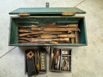 Antique Tool Box With Contents Chisels And More