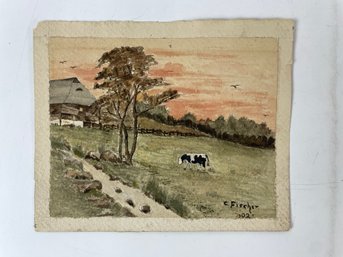 Antique Watercolor Landscape W/ Cow Signed Dated 1902