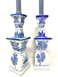 Beautiful Blue And White Porcelain Asian Style Candle Holders