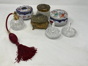 Collection Of Vintage Trinket Boxes, Crystal Ring Holders, Perfume Bottle