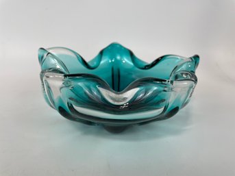 Murano Style Hand Blown Art Glass Bowl In Aqua