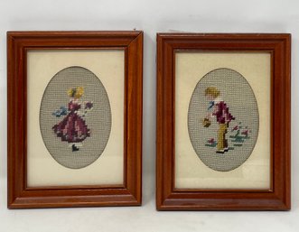 Pair Of Framed Vintage Cross Stitch