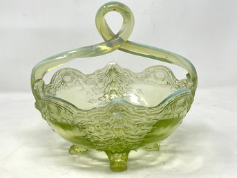 1905 Old Man Winter Green Opalescent Footed Handled Bowl