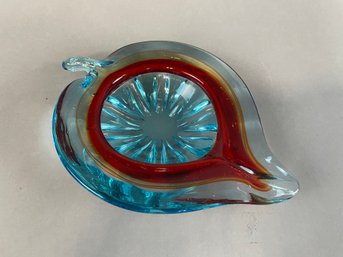 Art Glass Red & Blue Ribbed Melon Leaf Shaped Bowl Ashtray