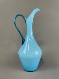 Studio Art Cased Glass Pitcher Tall Hand Blown Light Blue