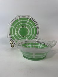 Green And White Octagonal Art Deco Glass Bowl And Platter