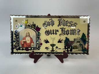 Religious Reverse Painted Mirror 'God Bless Our Home'