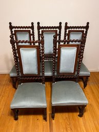 Set Of Five French Gothic Revival Carved Dining Chairs With Blue Upholstery