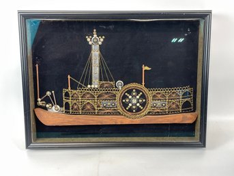 Mid Century Found Object Shadowbox Sculpture Paddle Wheel Boat