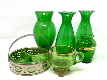 Group Of Vintage Green Glass