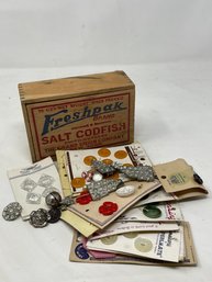 Lot Of Vintage Buttons In Vintage Cod Box