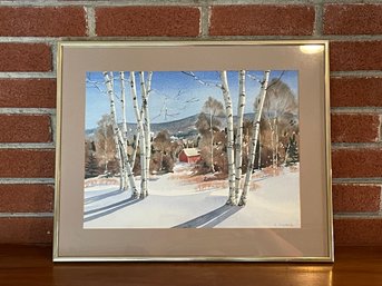 Birches And Barn Framed Watercolor Signed Sheila Lyford