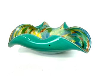 Hand Blown Art Glass Bowl With Leaf Motif And Gold Flecks - Hard To Find Size!