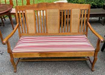 Upholstered Wooden Bench With Cane Detail