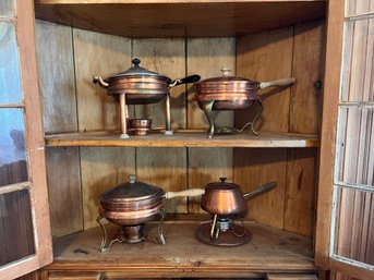 Collection Of Copper Pots With Matching Warming Trays