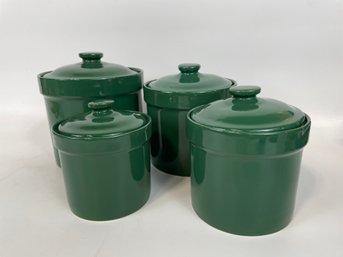 Set Of Vintage Ceramic Canisters In Green Glaze
