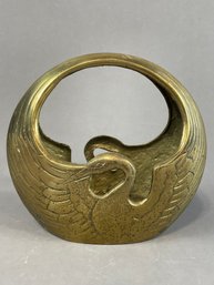 Vintage Solid Brass Swan Crane Bird Art Deco Vase Planter Basket