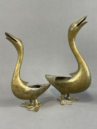 Set Of Vintage Brass Metal Swan Goose Duck Planter Figurine Sculpture Footed Feet