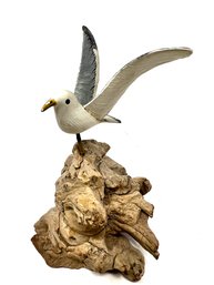 Vintage Hand Painted Seagull On Driftwood Sculpture