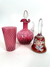 3 Piece Cranberry Glass Lot - Fenton Bell, Syrup & Tumbler