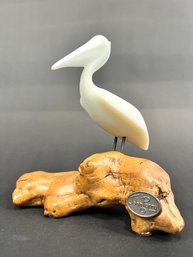 John Perry White Pelican Sculpture On Burlwood