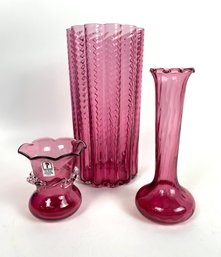 3 Piece Pilgrim Glass Cranberry Vases