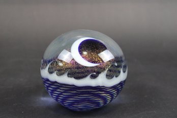 Correia Studio Art Glass Paperweight Hand Blown Gold Crescent Moon & Waves Blue Numbered /250