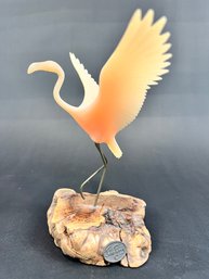 VTG John Perry Pink Flamingo Sculpture Figurine On Burl Wood Wings Outstretched