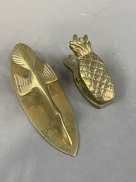 Pair Of Vintage Brass Goose And Pineapple Clips