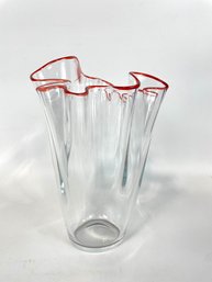 Hand Blown Handkerchief Style Art Glass Vase With Red Trim