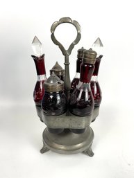 Czech Ruby Glass Cruet Set With 6 Bottles